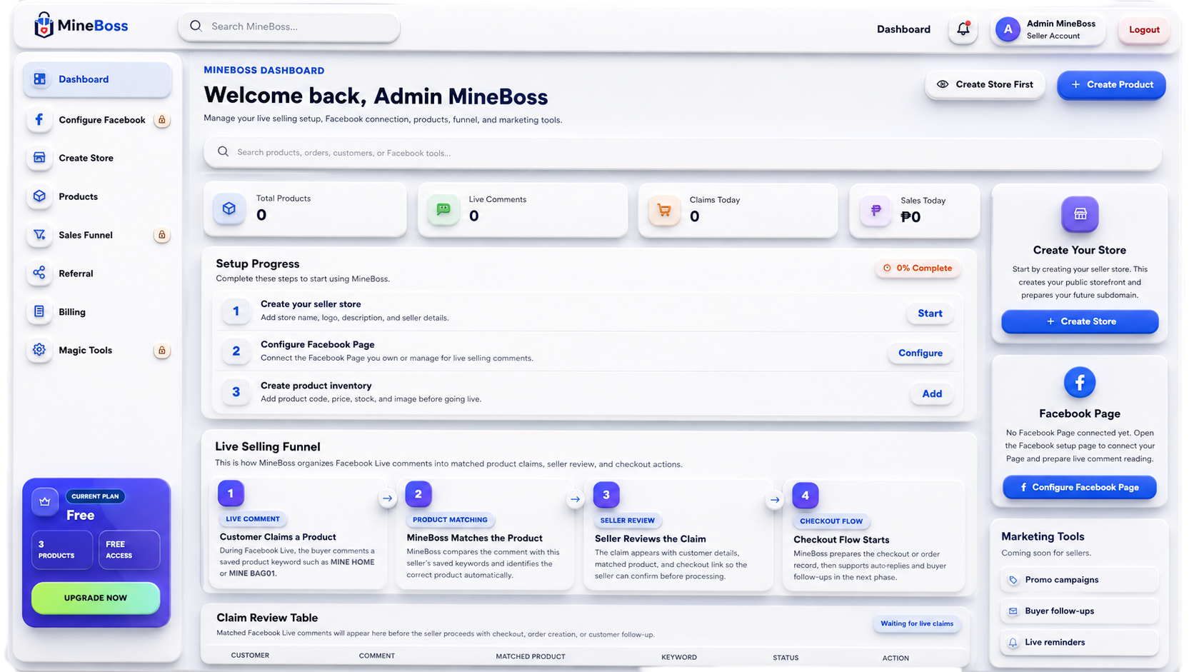 MineBoss seller dashboard, product setup, and live selling workflow preview